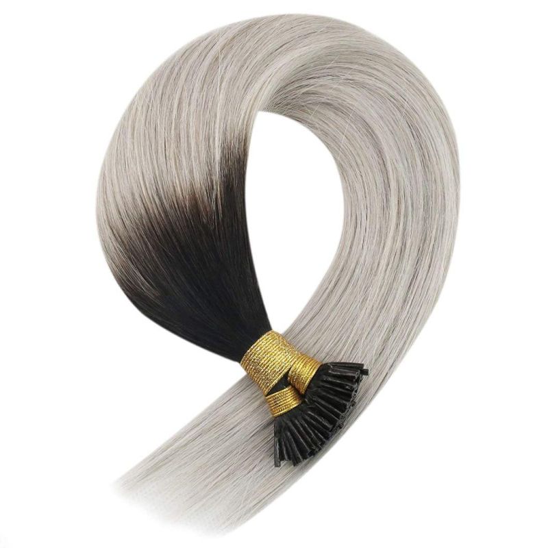 24inch I Tip Hair Extensions Human Hair Natural Black to Grey Ombre Silky Straight I Tip Extensions Human Hair Ombre Remy Human Hair 50g 1g/S