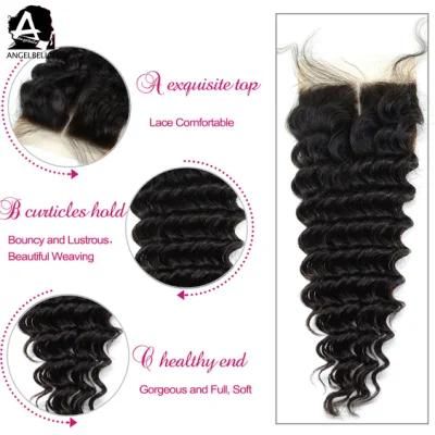Angelbella Middle Part 4X4 Lace Closures Deep Wave Remy Virgin Human Indian Hair Closure
