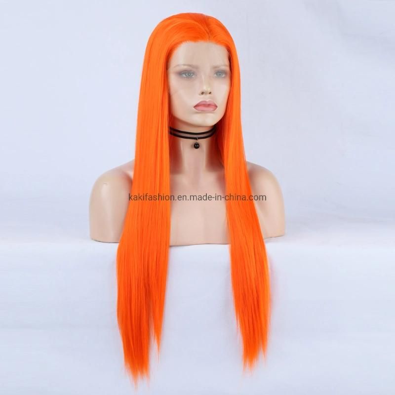 Orange Synthetic Fiber Front Lace Long Straight Hair Matte High Temperature Resistant Wig