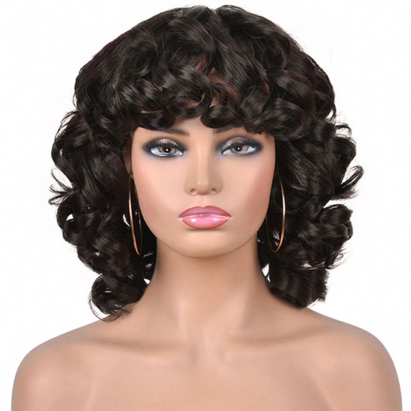 Brazilian Human Hair Short Hair Afro Curly Wig with Bangs Loose Fluffy Shoulder Length Natural Lace Front Wigs for Black Women 14"