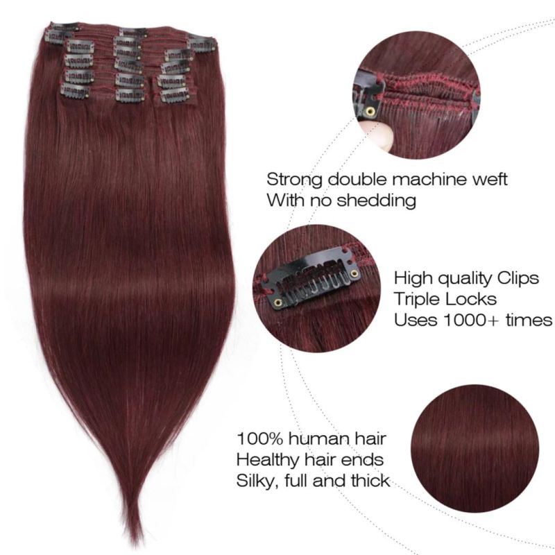 12" -24" Burgundy Clip in Human Hair 8PCS/Set Remy Clip in Extensions Full Head 99j# Brazilian Pure Color Clip in 22 Inches