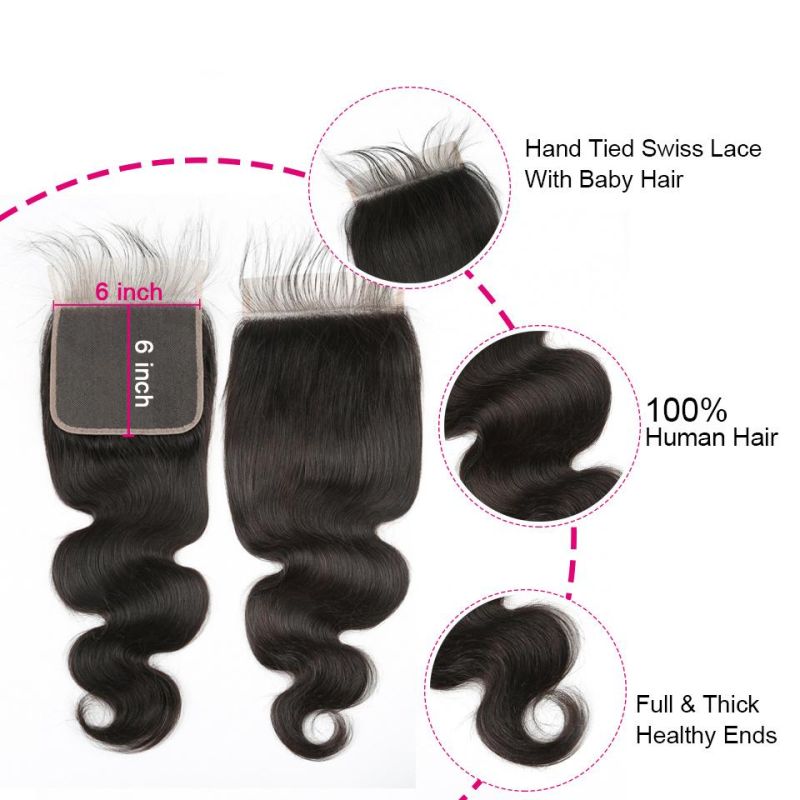 Lace Closure 6X6 Virgin Brazilian Human Hair Free Part Middle Part Three Part Human Hair Natural Color Remy Hair Lace Closure Pre Plucked with Baby Hair