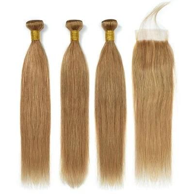 Light Brown Human Hair Extension Straight Double Drawn #27 Straight Human Hair Bundles for Black Women with 4*4 Closure
