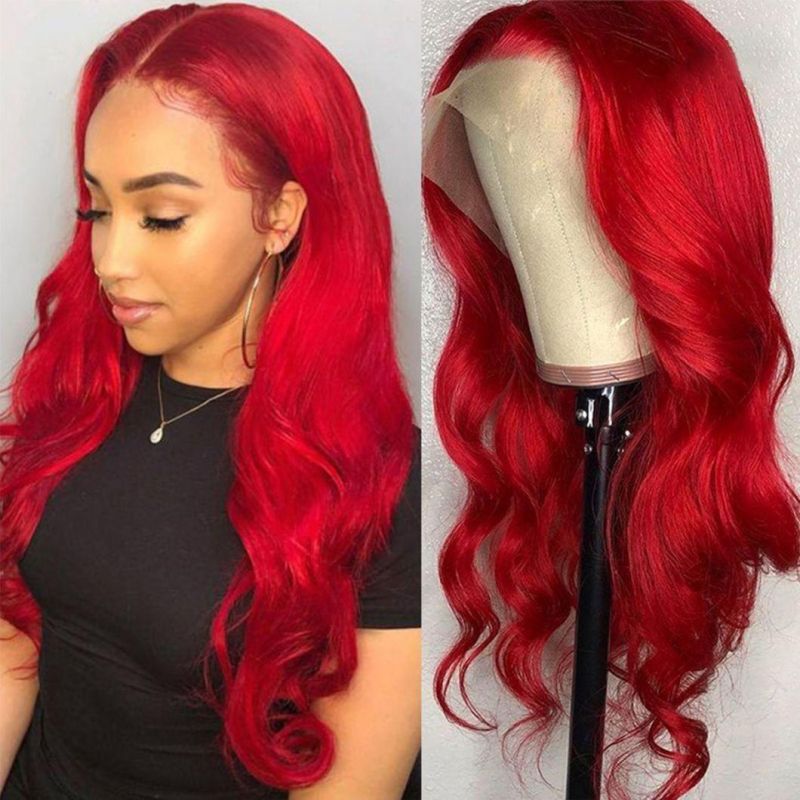 Red 13X6 Lace Front Wig Body Wave Virgin Human Hair Wigs 200d