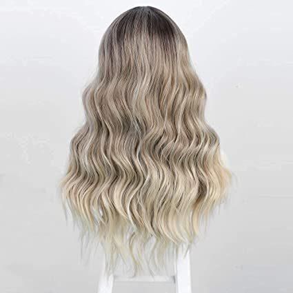 Long Wavy Wig Ombre Blonde Wigs for Women Synthetic Curly Hair Wigs Middle Part Heat Resistant Fibre for Daily Party Use