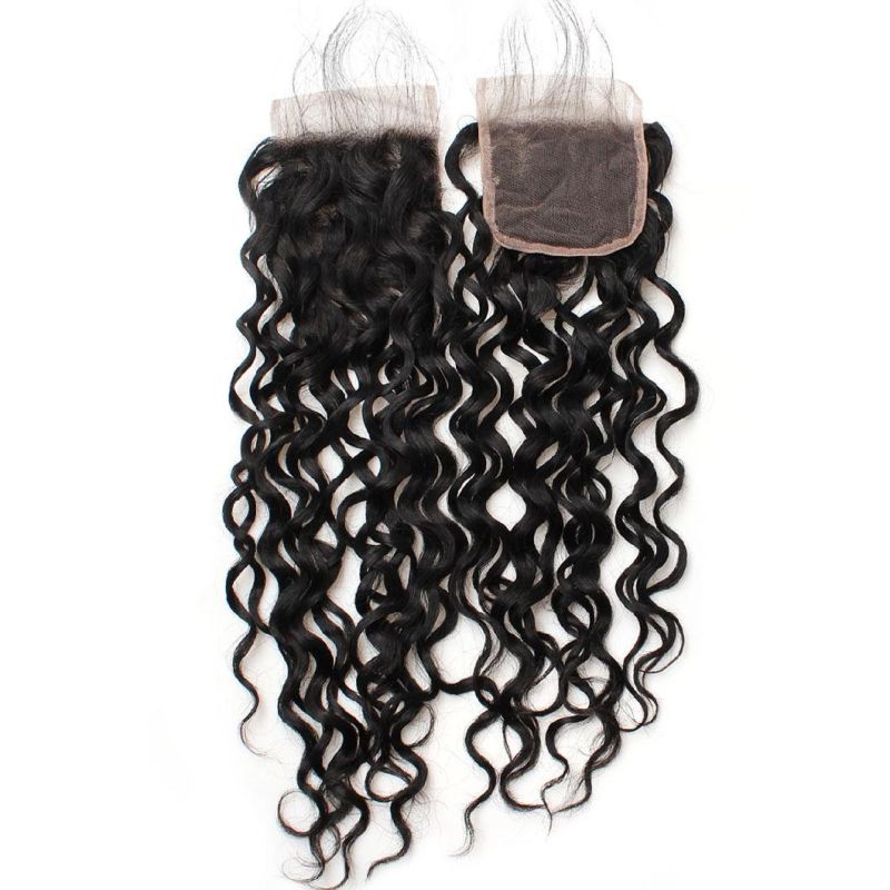 7A 4*4 Virgin Lace Frontal Closure Non-Remy Water Wavy Free Part Hair Weave #Black