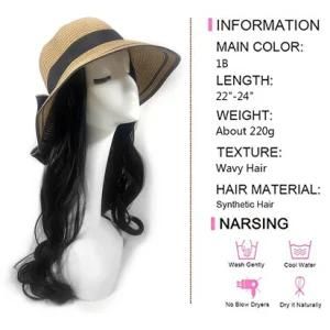 Viviabella Straw Hat with Hair Extensions Natural Black Body Wave Synthetic Wig Hat for Women Straw Hats with Hair (L(Head Circum: 22.6&quot;-23.6&quot;))