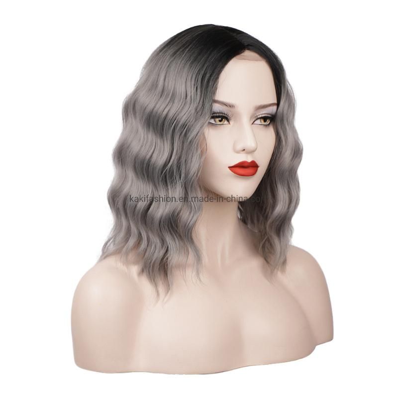 Kaki Hair 15 Inch Middle Part Short Body Wave Grey Wigs Lace Wigs Synthetic Hair Wigs for Black Women