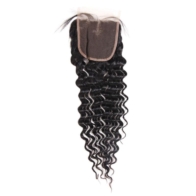 7A Virgin 4*4 Non-Remy Lace Frontal Closure Deep Wavy Free Part Hair Weave #Black