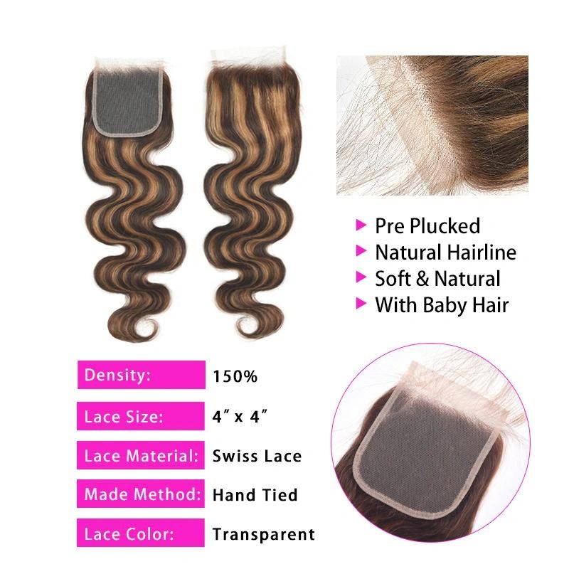 Brazilian Indian Virgin Hair 100g10A P4/27 Piano Super Double Drawn Hair Body Human Hair Bundles with Closure Frontal 30"