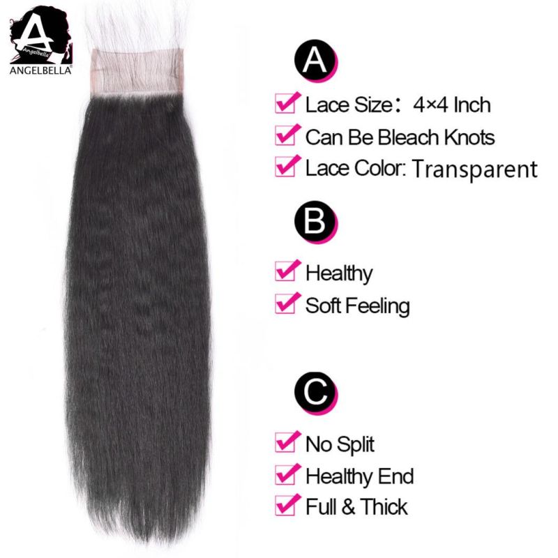 Angelbella 100% Mink Brazilian Human Hair Closure Kinky Straight 1b# Lace Closures