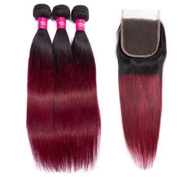 High Quality Super 1b/99j Red Two Tone Beautiful Hair Straight Bundles with 4X4, 5X5 Lace Closure Brazilian Remy Hair for Fashionable Women