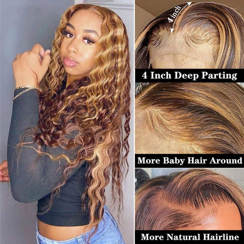 Highlight Lace Front Human Hair Wigs 4/27 Brazilian Deep Wave Wigs Ombre Deep Wave Wig for Women Remy Wig