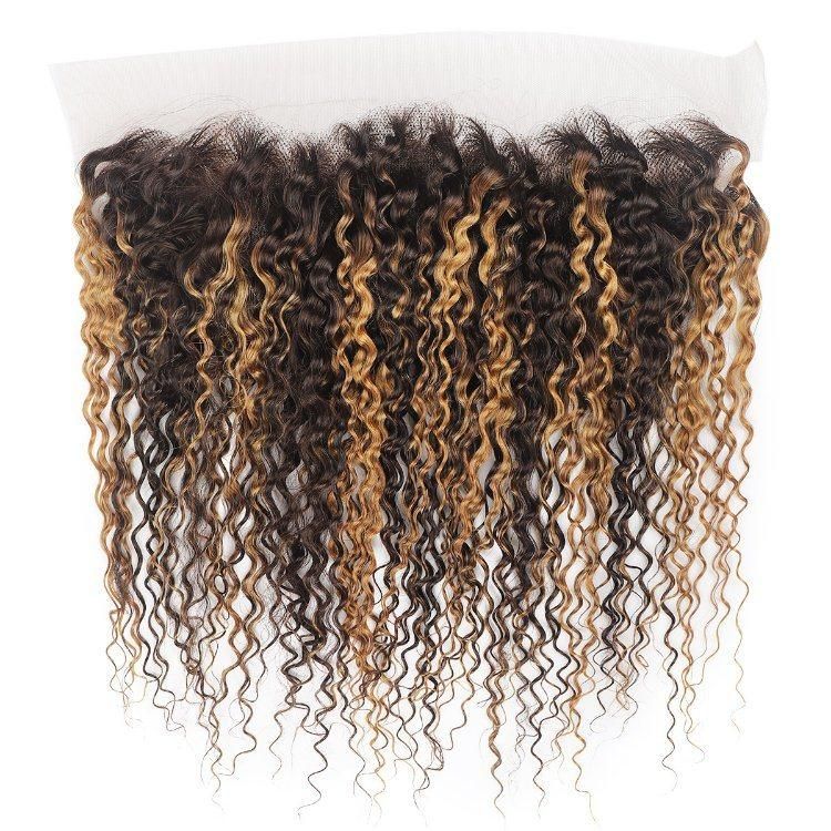 13X4 Transparent Lace Front Closure Kinky Curly Virgin Human Hair Weft Piano #P4/27