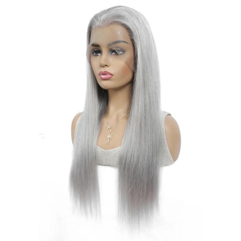 Brazilian Lace Front 13X4 Human Hair Wigs Straight Grey Lace Front Wig Pre Plucked Silver Gray Long Remy Hair Wigs 150% Density 28 Inches