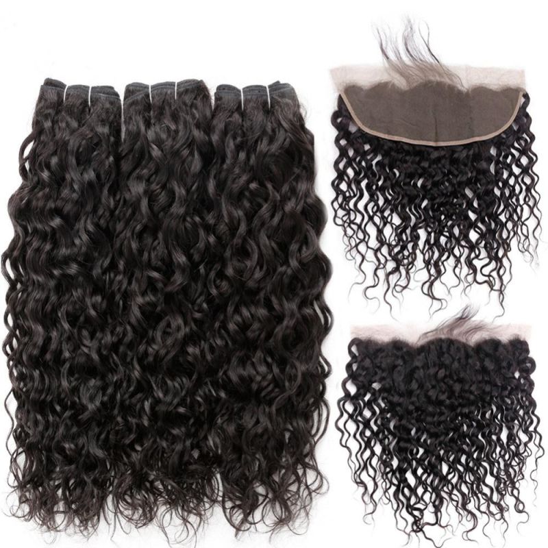 Virgin Human Hair Water Wave Bundles with Brazilian Lace Frontal Closure