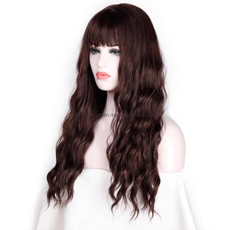 26 Inch Vendor Cheap Wholesale Curly Water Wave Brown Wig with Bangs for Black Women Synthetic Hair Wigs