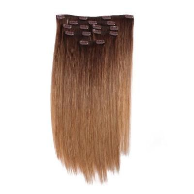 Double Drawn Piano Color Russian Hair Seamless PU Skin Weft Clip in Hair Extension #T4/12