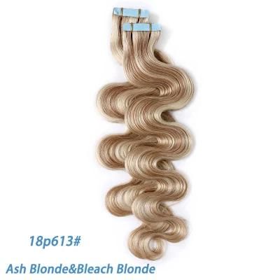 12&quot;-24&quot; 2.5g/PC Remy Human Hair Body Wave Tape in Hair Extensions Adhesive Seamless Hair Weft Blonde Hair 20PC (18P613#)