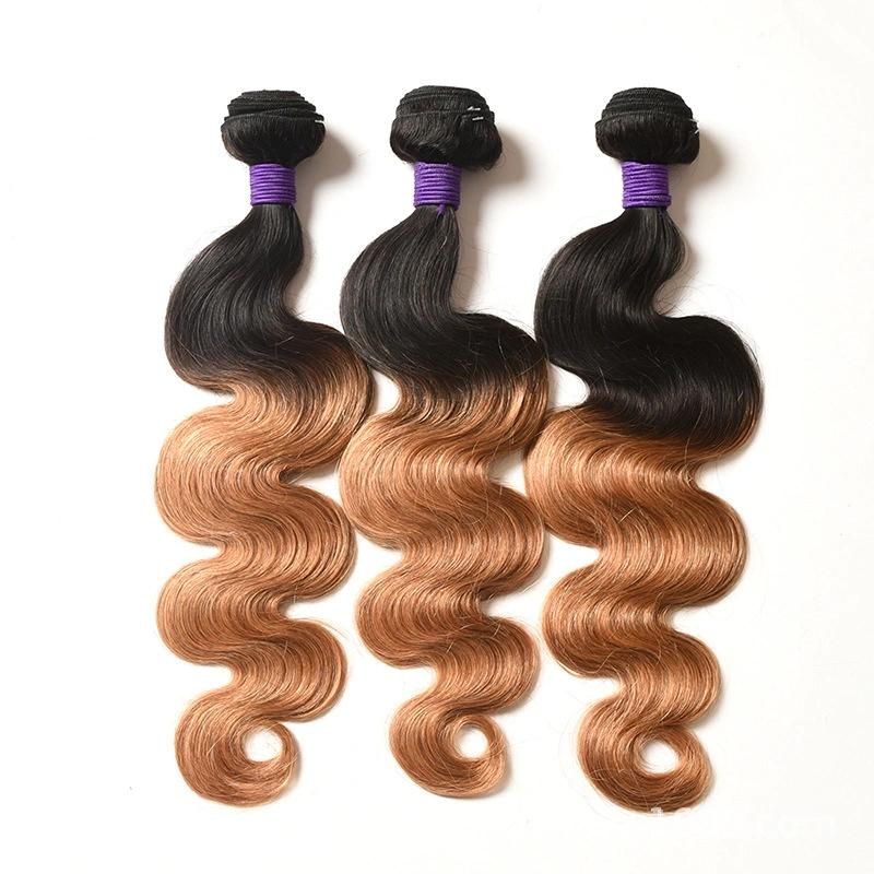 10A Ombre Body Wave Human Hair Bundles with 4X4 Lace Closure Remy Hair Extension Brown and Black T1b/4/27 for Sexy Women 26" Size