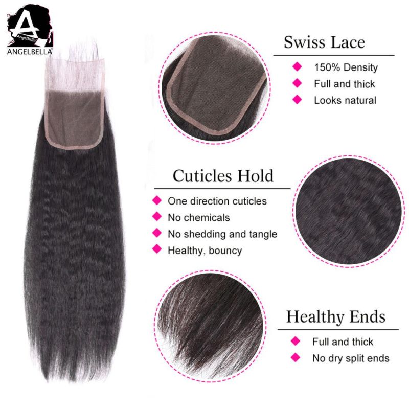 Angelbella 100% Mink Brazilian Human Hair Closure Kinky Straight 1b# Lace Closures