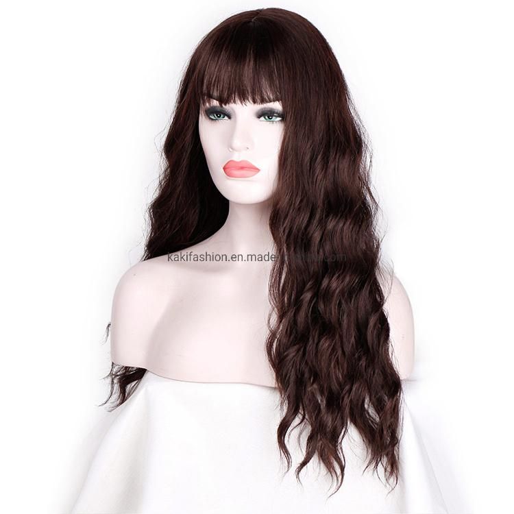 26 Inch Vendor Cheap Wholesale Curly Water Wave Brown Wig with Bangs for Black Women Synthetic Hair Wigs
