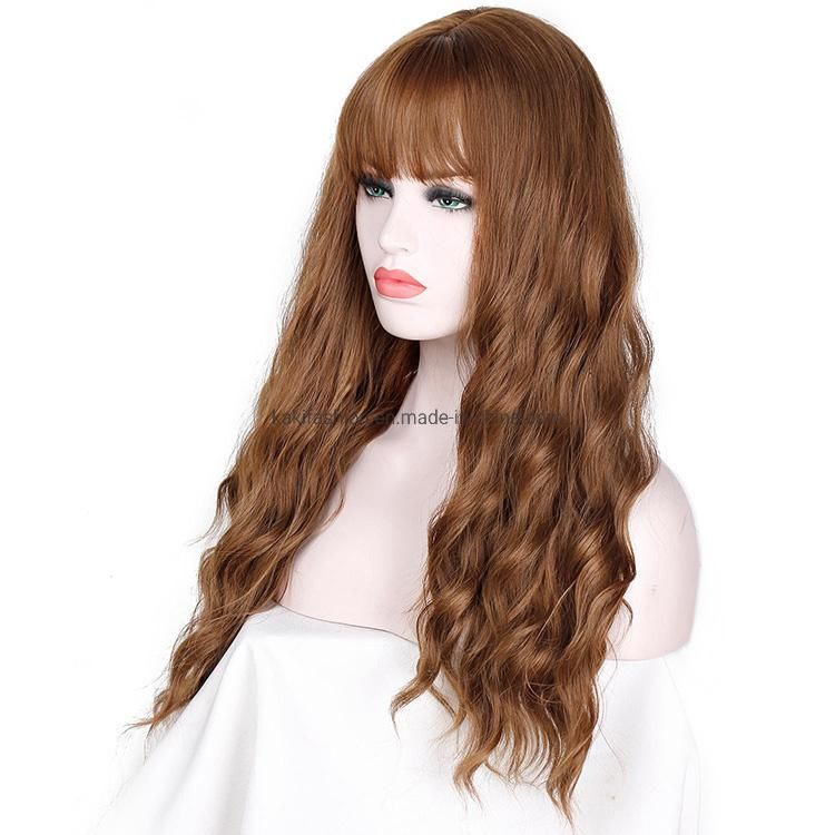 Heat Resistant Synthetic Fiber Long Wigs Kinky Curly Mix Brown Long Wavy Wig with Bangs for Women