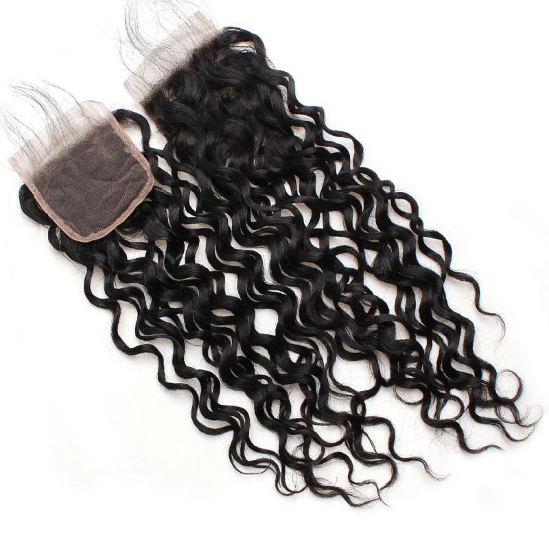 7A 4*4 Virgin Lace Frontal Closure Non-Remy Water Wavy Free Part Hair Weave #Black