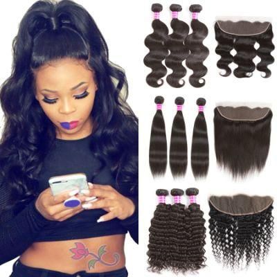 Kbeth Cheap Brazilian Straight Bundles with Lace Frontal Body Deep Wave Virgin Human Hair Weave 3/4 Bundles with Frontal Closure