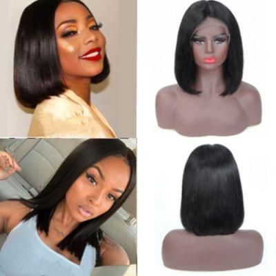 13*4 Wig Semi Lace Bobo Head Straight Real Hair Wig Head 12 Inch African Black Real Woman Hair 1b