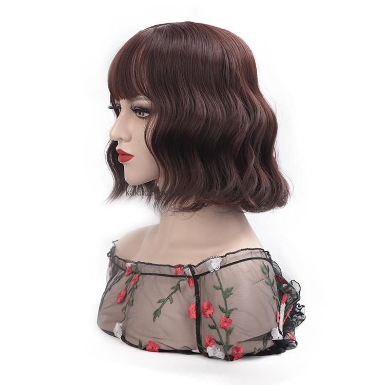 Kakifashion Hair High Temperature Neat Bangs Body Wave Short Bob Brown Wig with Synthetic Fiber