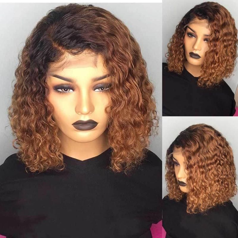 Brown 1b 27 Ombre Color Short Kinky Curly 100% Human Hair Lace Front Bob Wigs, HD Lace Frontal Curly Bob Wig with Highlights