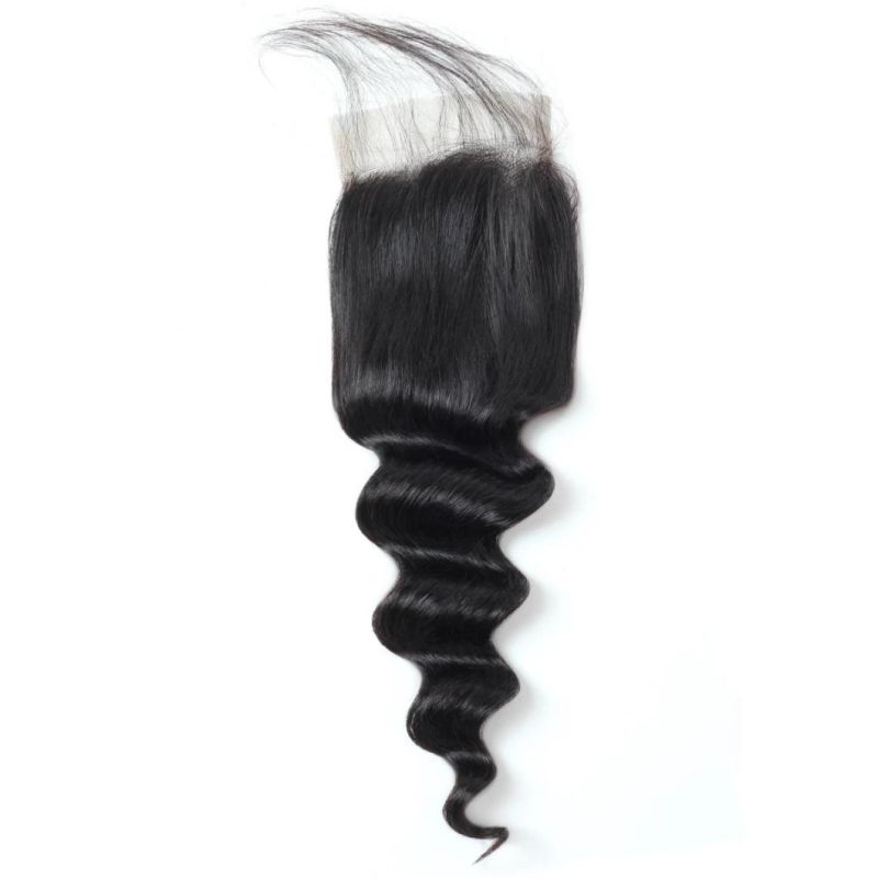 7A Virgin 4*4 Non-Remy Lace Frontal Closure Loose Deep Wavy Free Part Hair Weave #Black