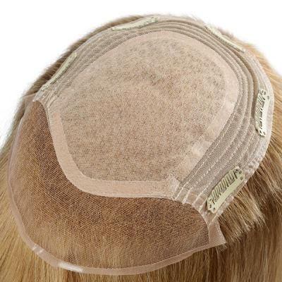 Blond Hair Silk Top with Machine Wefts Back Human Hair Toupee for Women