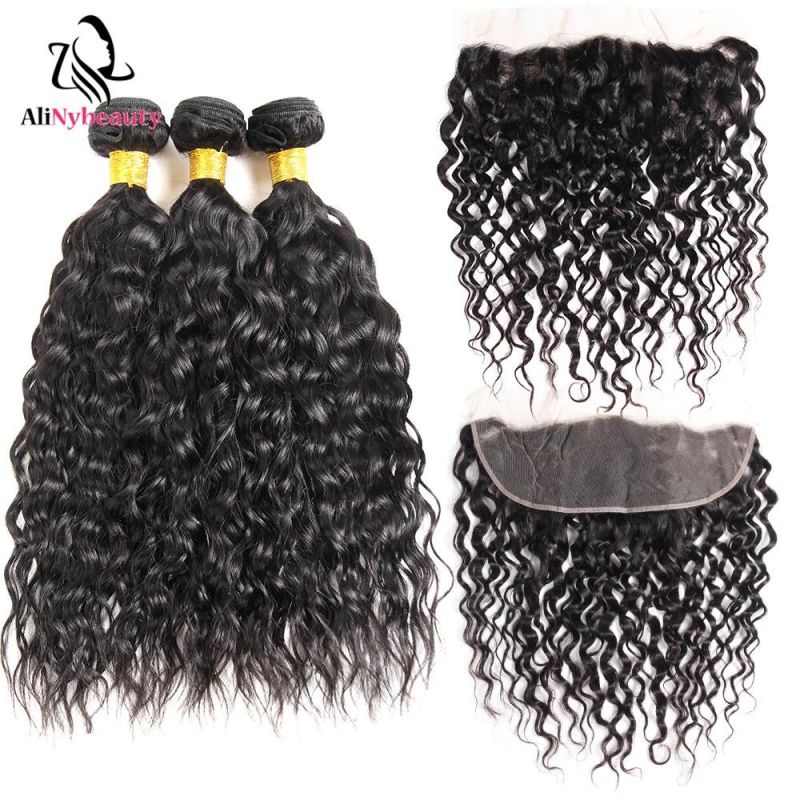 Alinybeauty New Trendy Raw Brazilian Water Wave 3 Bundles with Frontal