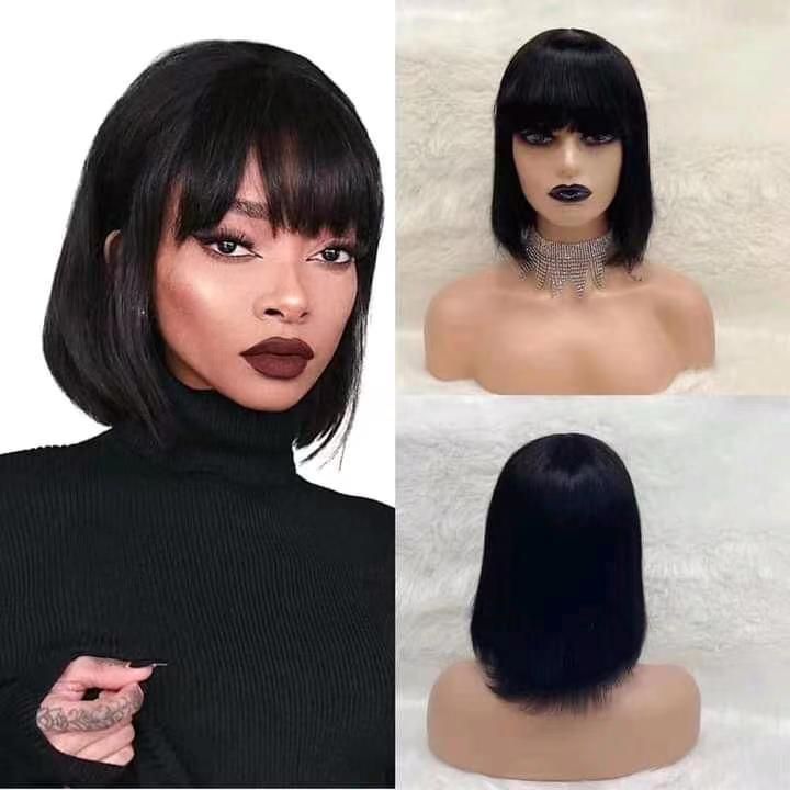 Cheaper Bob Lace Front Wig Machine Wig with Bangs Human Hair