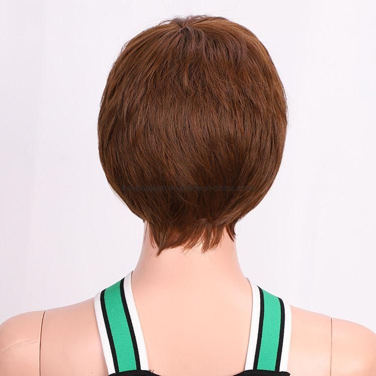 Kakiifashion Hair Vendor Wholesale Short Pixie Cut Curly Wave Brown Synthetic Wig with Bangs for Black Women