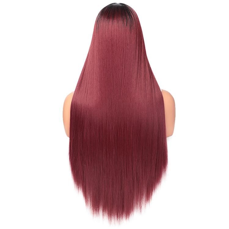 28inch Long Straight Ombre Wine Red Dark Root Wig Middle Part Lace Synthetic Wigs