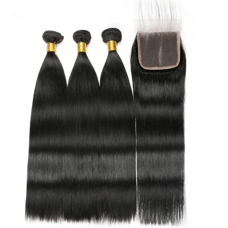 3 Bundles Peruvian Straight Hair Bundles with Closure 100% Human Hair Bundles with Closure Shine Silk Remy Hair Bundles