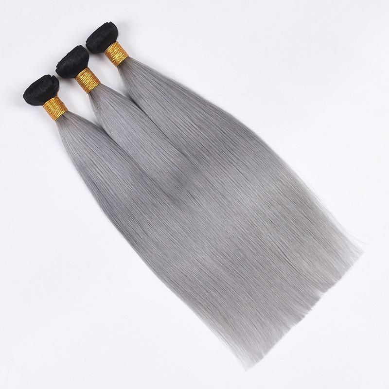 T1b/Grey 100g10A Straight and Curly Human Hair Extension Hair Bundles with Double Drawn for Black Women 26"