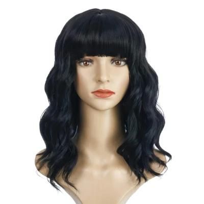 Wavy Wig Shoulder Length Short Bob Wigs with Bangs Curly Wavy Synthetic Wig for Women