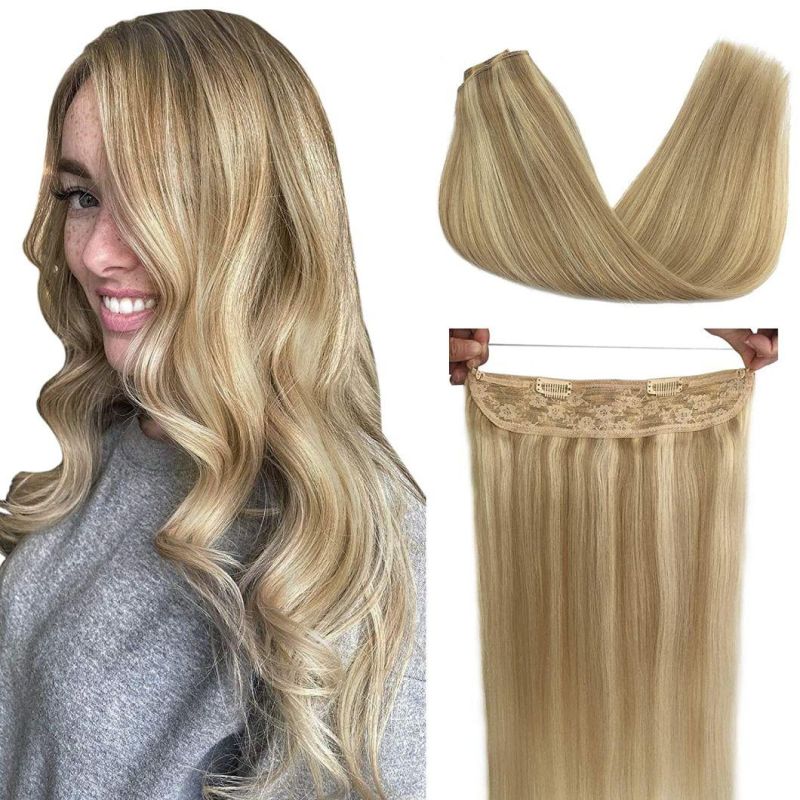 Extensions Human Hair Ombre Light Blonde Highlighted Golden Blonde 18 Inch Remy Halo Hidden Crown Wire Hair Extensions with Transparent Fish Line Hairp