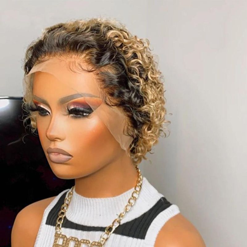 Ombre Curly Wig Human Hair 1b/27 Honey Blonde Human Hair Wigs T Part Pixie Short Wigs Human Hair 150 Remy Brazilian Hair Wig