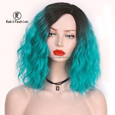 Kakiifashion Hair Natural Wave Short Bob Wigs Ombre Blue Synthetic Cosplay Wigs for Women