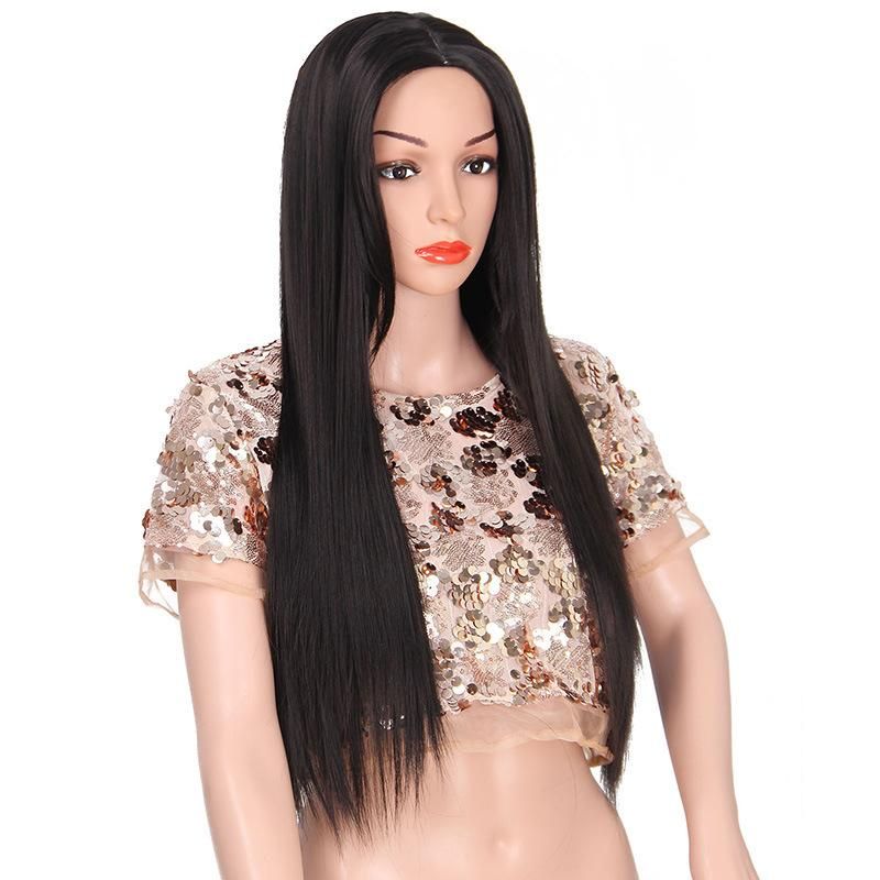 Women′ S Long Straight Hair Wigs Synthetic Middle Part Black Wig Black Color 24inch