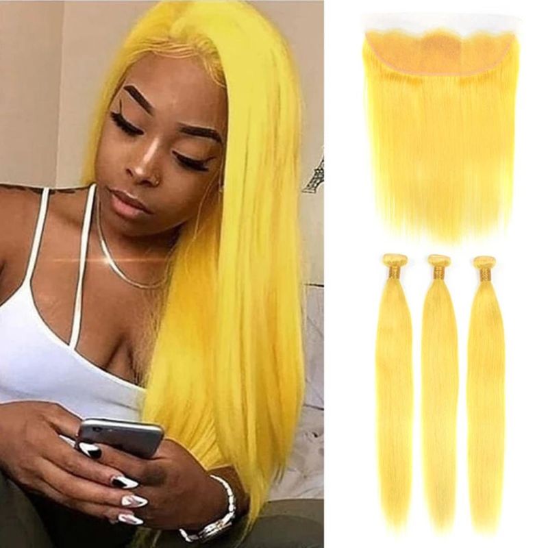 Yellow Brazilian Straight Human Hair Bundles with 13X4 Lace Frontal 8-30 Inch Remy Human Hair Extensions with Baby Hair for Woman