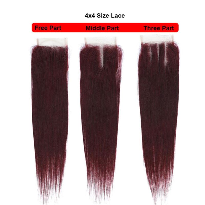 99j Dark Red Wine Bundles with Closure Brazilian Human Hair Weave Colored Straight Remy Hair 4 X 4 Lace Size