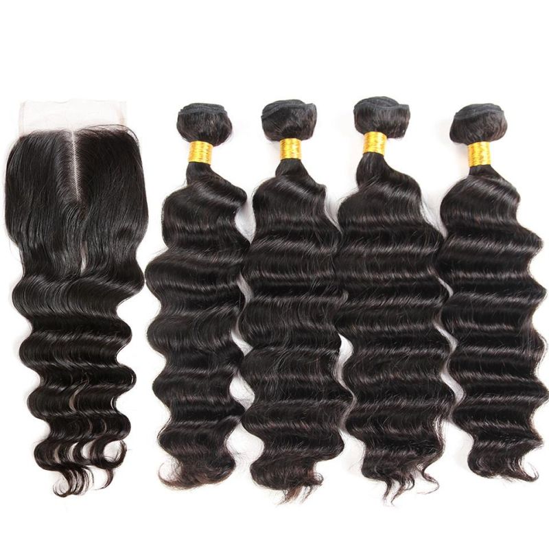 Unprocessed Hair Weaving Loose Deep Wave Bundles with Closure Brazilian Hair Bundles with Closure Remy 100% Human Hair Bundles with Lace Frontal Closure