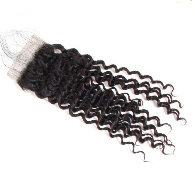 7A Virgin 4*4 Non-Remy Lace Frontal Closure Deep Wavy Free Part Hair Weave #Black