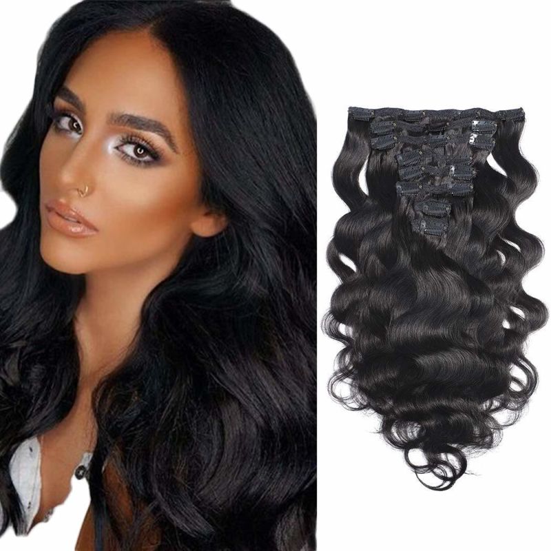 Kbeth Body Wave Extensions Clips in Human Hair Body Wavy Hair Weave with Double Strong Weft Natural Color Remy Human Hair Extension Seamless